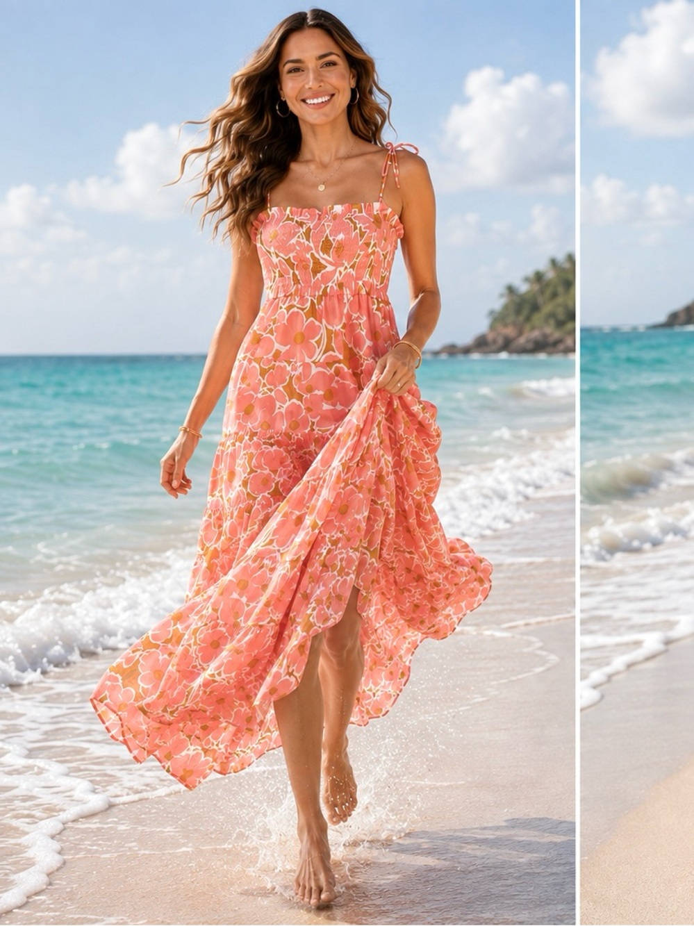 J.Crew Floral Tiered Maxi Dress L Pink Orange Smocked Boho Tie Cottage cotton